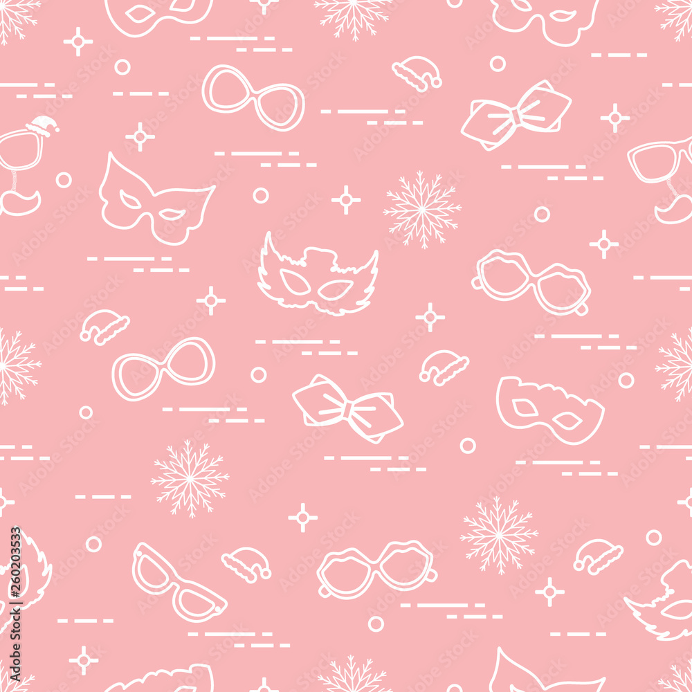 Fototapeta premium Seamless pattern of different carnival decorations: masks, christmas hats, glasses, bow tie.