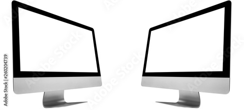 Set of two Laptop computer PC with blank screen mock up isolated on white background. Laptop isolated screen. PC computer white screen with copy space. Empty space for text. Isolated white screen