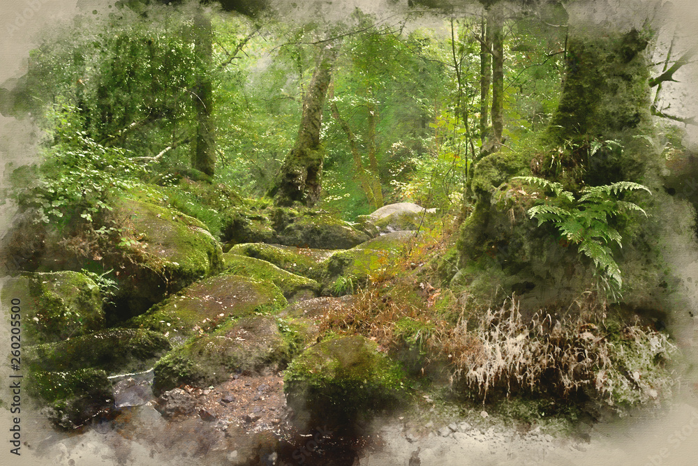 Watercolour painting of Landscape of Becky Falls waterfall in Dartmoor National Park England