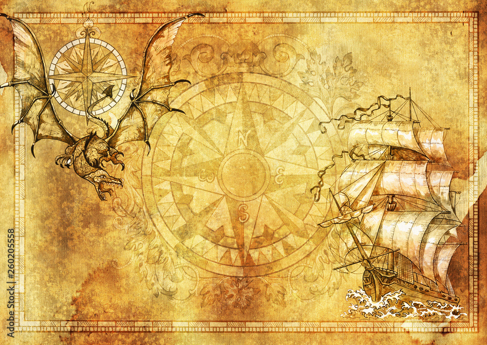 Marine blank banner with copy space, fantasy dragon, old sailboat on texture background