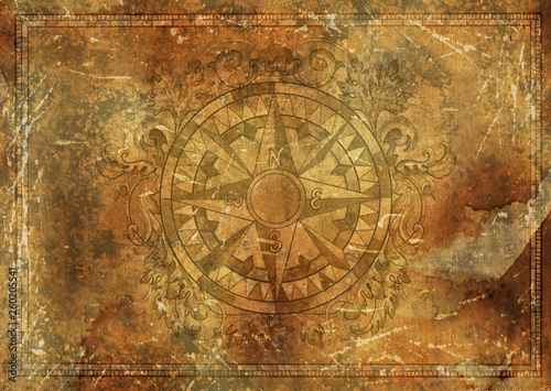 Blank banner with nautical victorian compass, copy space on grunge texture background