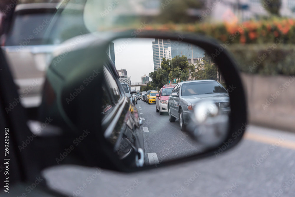 Cars on busy road in the city with traffic jam