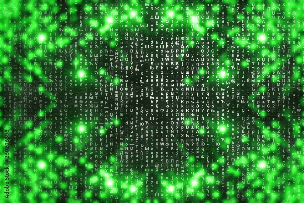 Green matrix digital background. Abstract cyberspace concept. Characters fall down. Matrix from symbols stream. Virtual reality design. Complex algorithm data hacking. Green digital sparks.