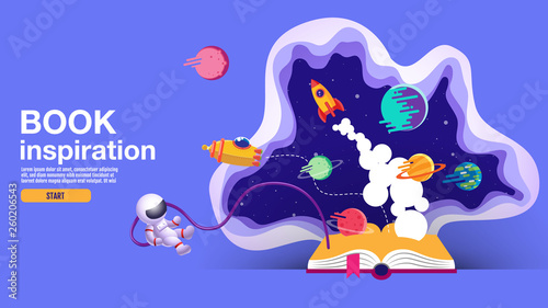 open book, space background, school, reading and learning , Imagination and inspiration picture. Fantasy and creative ,Vector flat illustration.