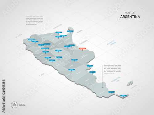 Isometric  3D Argentina map. Stylized vector map illustration with cities, borders, capital, administrative divisions and pointer marks; gradient background with grid. 