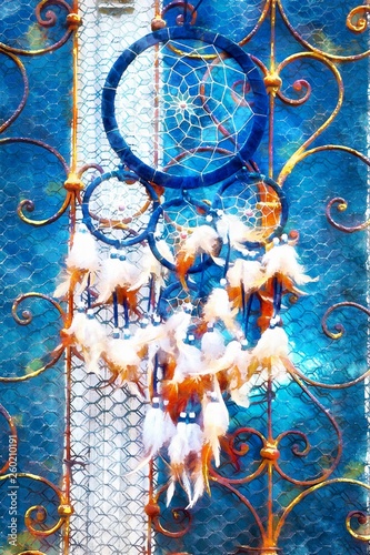 Dream Catcher and ornamental window on background. computer painting effect.