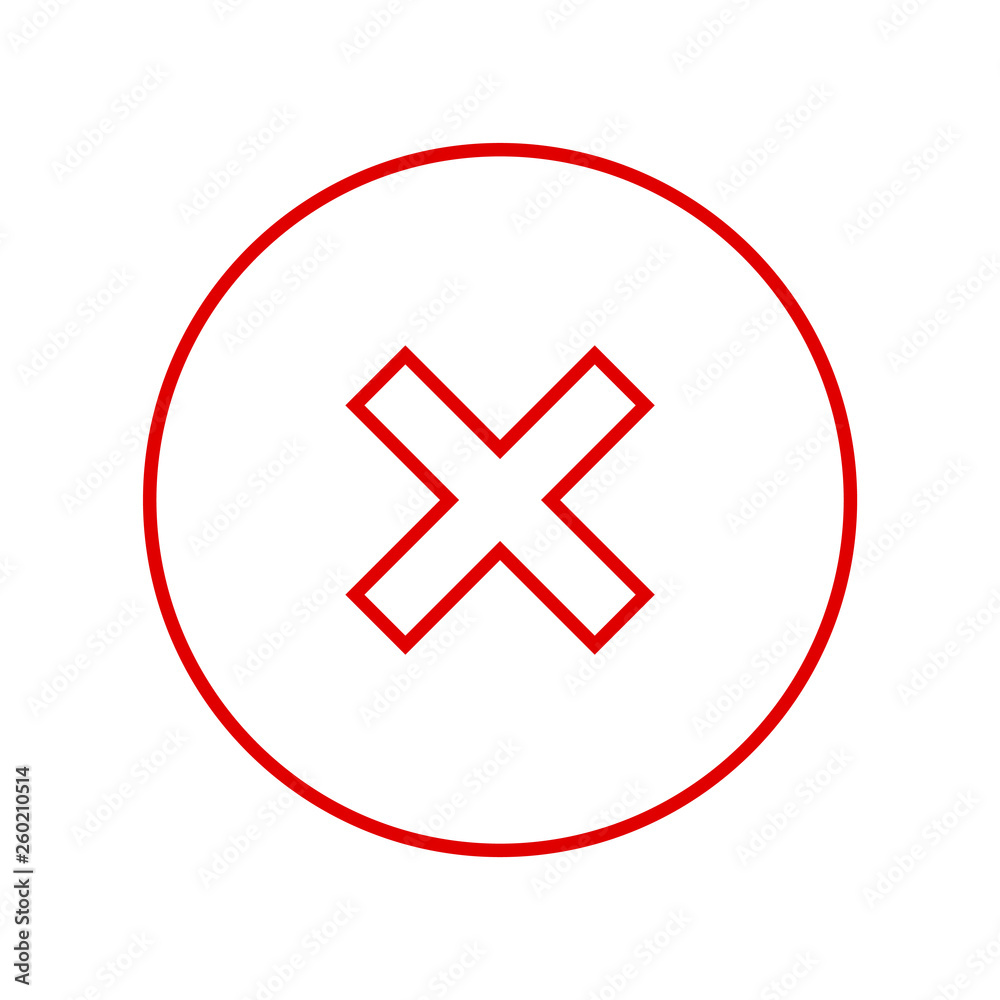 Round red X mark thin line icon, button, cross symbol on white background  Stock Vector