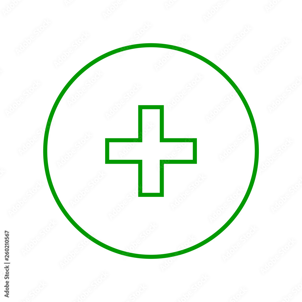 Round green plus sign thin line icon, button, add, positive symbol on white background Round green plus sign thin line icon, button, add, positive symbol on white background