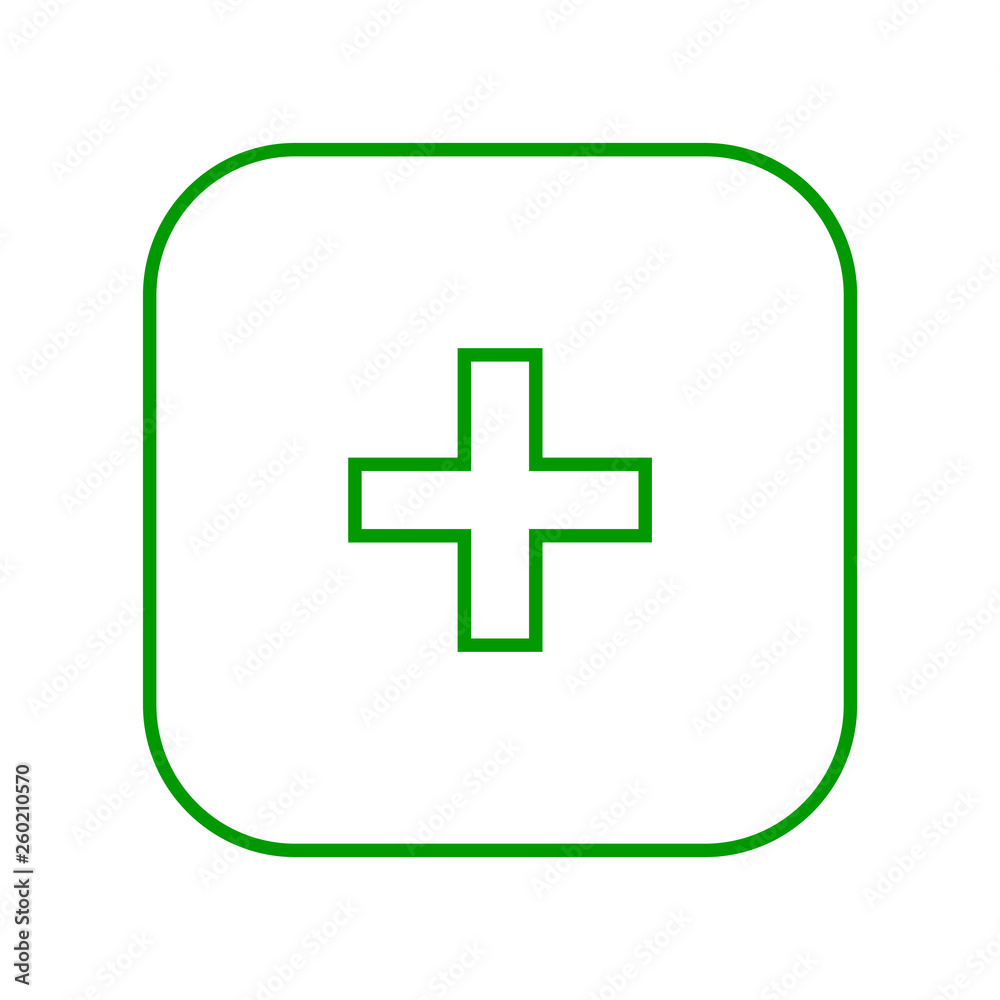 Square green plus sign thin line icon, button, add, positive symbol on white background Square green plus sign thin line icon, button, add, positive symbol on white background