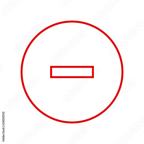 Round red minus sign thin line icon, button, remove, negative symbol on white background