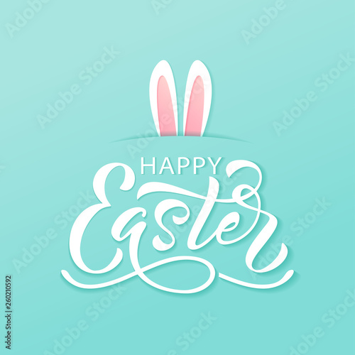 Happy Easter text. Vector illustration with bunny rabbit ears on mint background. Hand drawn text for Easter card.