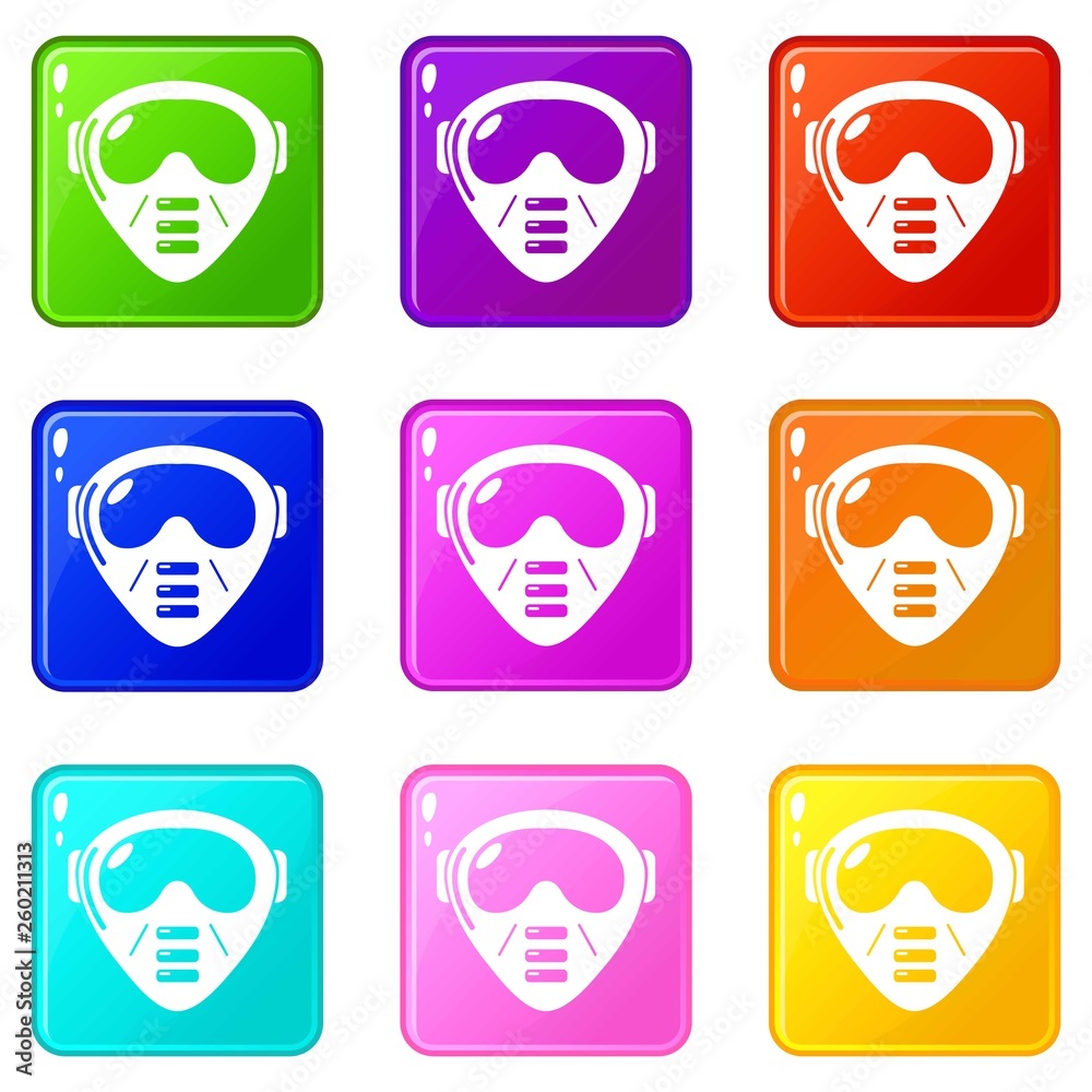 Paintball mask equipment icons set 9 color collection isolated on white for any design Paintball mask equipment icons set 9 color collection isolated on white for any design