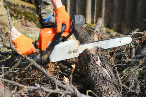 electric saw in the hands of a man and log