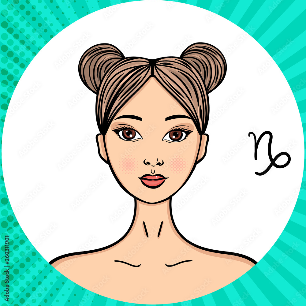 Zodiac sign Capricorn woman. Pop art vector illustration. Line art, ideal for poster, print, postcard, colouring book. Zodiac sign Capricorn woman. Pop art vector illustration. Line art, ideal for poster, print, postcard, colouring book.