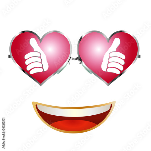 Thumbs up reflected in cool heart shaped sunglasses. Character smile. Positive and approval. Online community. Social network concept. Share and follow. Isolated