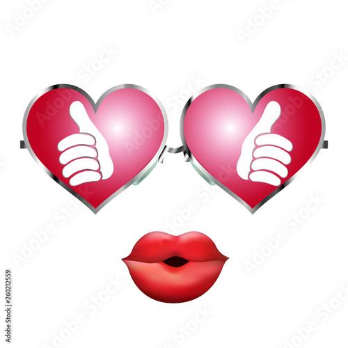 Thumbs up reflected in cool heart shaped sunglasses. Character that kisses. Positive and approval. Online community. Social network concept. Share and follow. Isolated