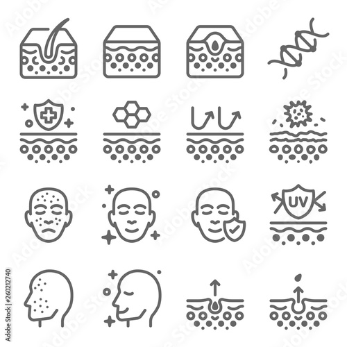 Acne Skin Icon Set. Contains such Icons as Skin Layer, Surface, Complexion, UV ,DNA and more. Expanded Stroke