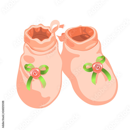 Cute pink baby booties for girl, realistic vector illustration.