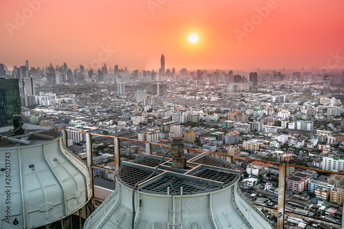 Sunset view over Bangkok at Ratchadaphisek road district, Bangkok, Thailand