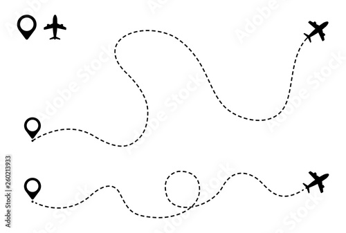 Airplane is in a dotted line. Tourism and travel. The waypoint is for a tourist trip. and his track on a white background. Vector illustration.