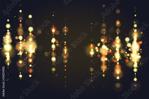 Golden bokeh sparkle glitter lights luxury glamor background. Abstract defocused circular party magic christmas background. Glamorous elegant, shiny, metallic gold background. EPS 10.