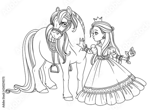 Beautiful princess stroking a horse outlined picture for coloring book on white background