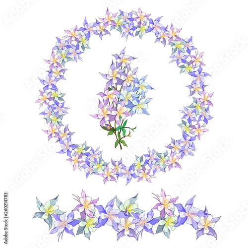 Spring set of floral patterns, ornaments and vector wreaths of delicate violet flowers to decorate cards, design greetings
