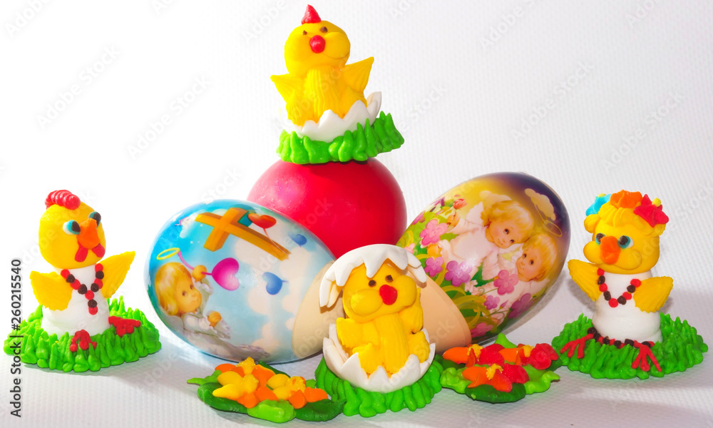 Perfect colorful handmade easter eggs and chicken isolated on a white
