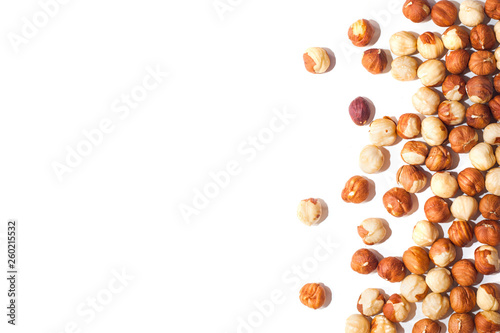 White background with hazelnuts without shell
