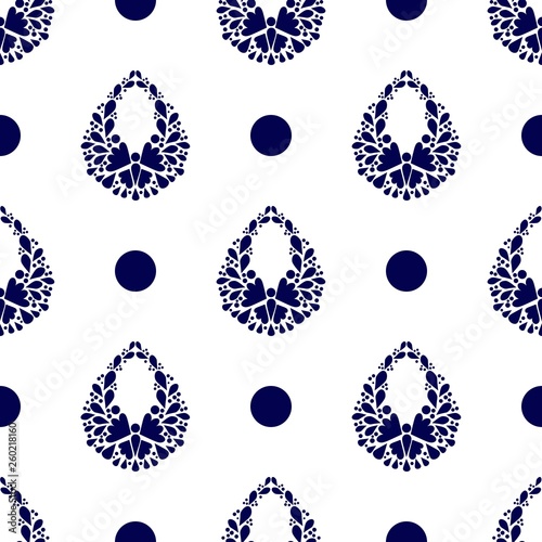 Abstract organic shapes decorative vector repeat pattern. Modern blue print elements, dotted pattern  with white background. Two color pattern, monochromatic pattern elements.