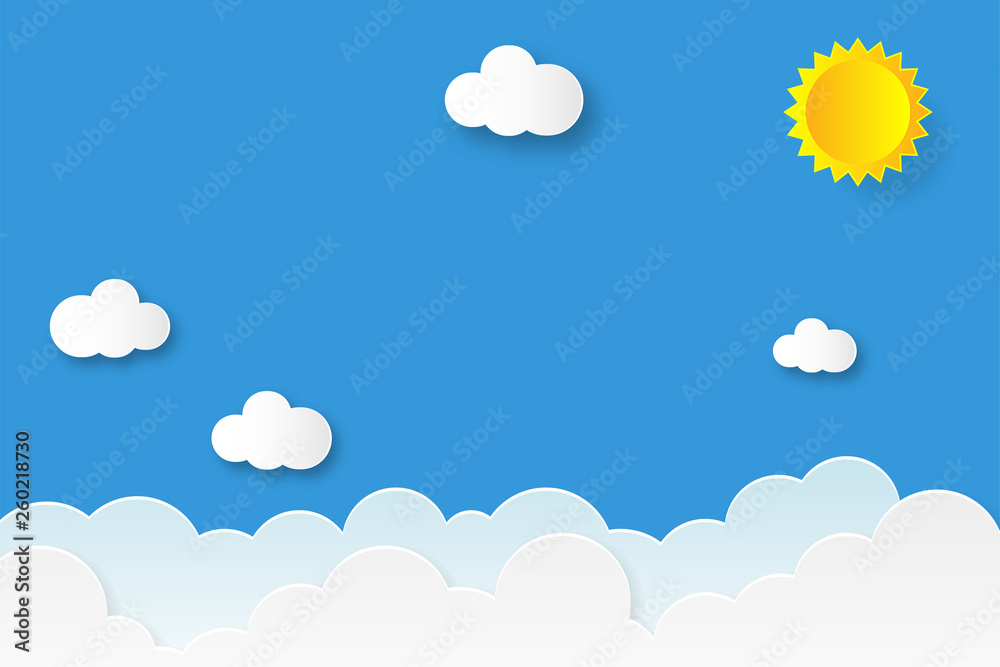 Paper art of yellow sun and white clouds. Sky with clouds and sun in paper art design. Summer banner
