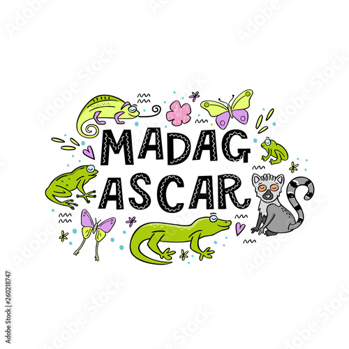 Madagscar hand written word with funny animals of Madagascar around. photo