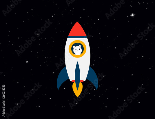 Rocket with cat astronaut on background stars sky. Rocket with a cat flies up. Cat with rocket in space