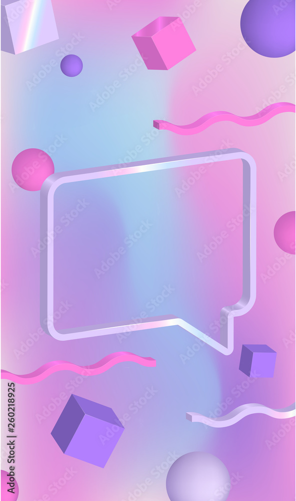 Pink spectrum banner with 3d lilac replica or speech bubble template and colorful geometric figures. Pink spectrum banner with 3d lilac replica or speech bubble template and colorful geometric figures.