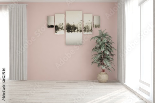 Pink minimalist empty room. Scandinavian interior design. 3D illustration