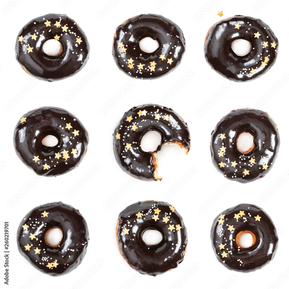Fototapeta premium Set of donuts with chocolate mirror icing