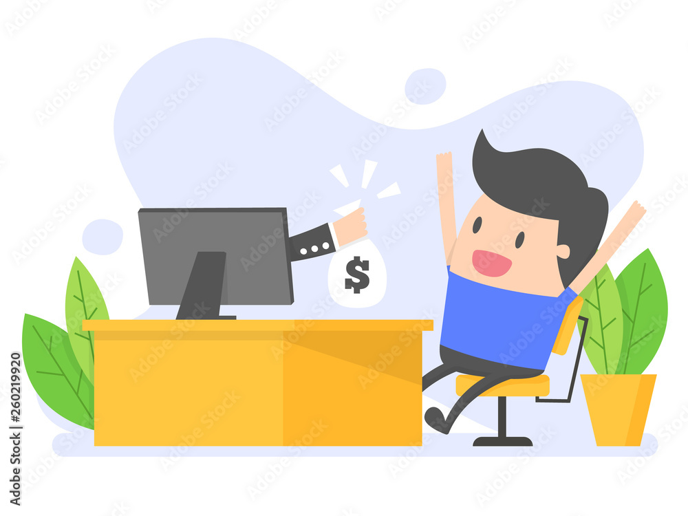 Online income. Man gets money from online business.