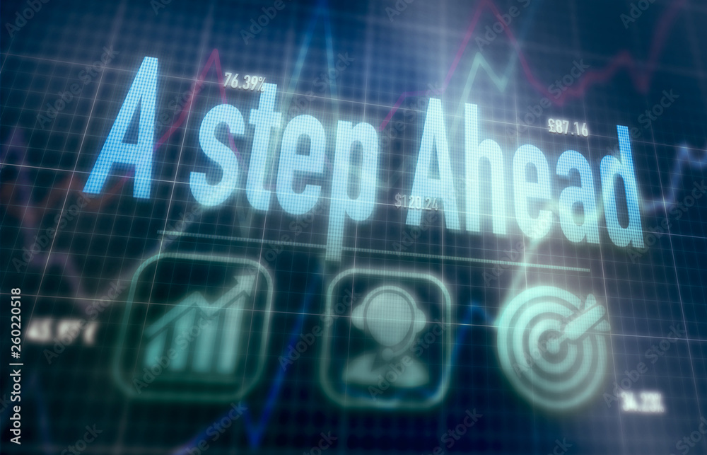 A step Ahead concept on a blue dot matrix computer display. A step Ahead concept on a blue dot matrix computer display.
