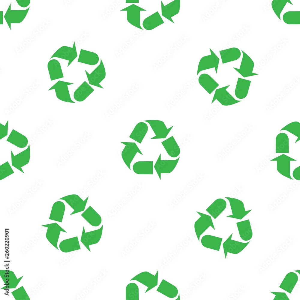 The sign of the three arrows, means recycling. Seamless Wallpaper pattern. The ability to stretch to any size in all directions without loss of quality. Vector illustration. The sign of the three arrows, means recycling. Seamless Wallpaper pattern. The ability to stretch to any size in all directions without loss of quality. Vector illustration.