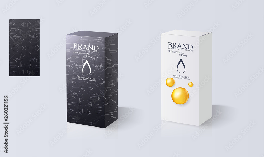Realistic black and white box on white backdrop. Textile print design