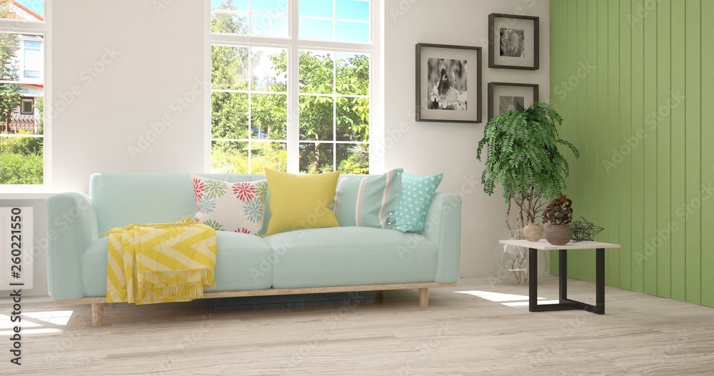 Fototapeta premium White stylish minimalist room with sofa and summer landscape in window. Scandinavian interior design. 3D illustration