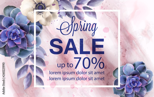 Spring sale banner with blue flowers and marble background Vector watercolors