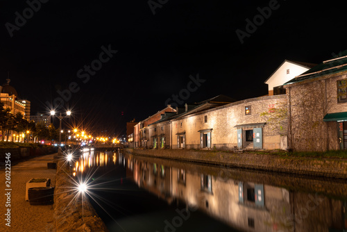 Landscape view of Otaru canals and warehouse at night in Hokkaido Japan. Here is a famous landmark of Otaru city. © Shawn.ccf