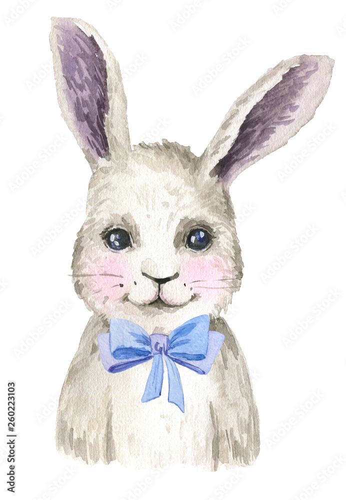 Obraz premium Baby rabbit painted with watercolor. Cute rabbit. Decor for the nursery. Children's illustration. Nursery woodland Print