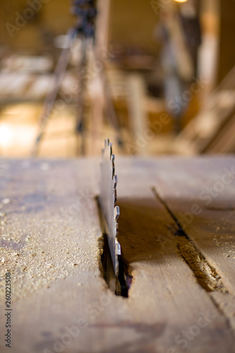 sharp circular woodworking saw, close-up