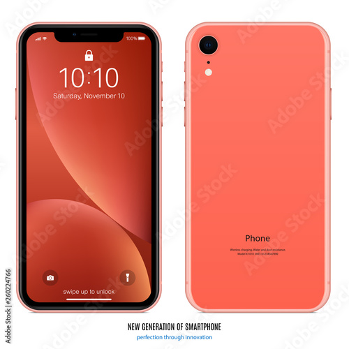 smartphone in coral color with colorful screen front and back side on white background. stock vector illustration eps10