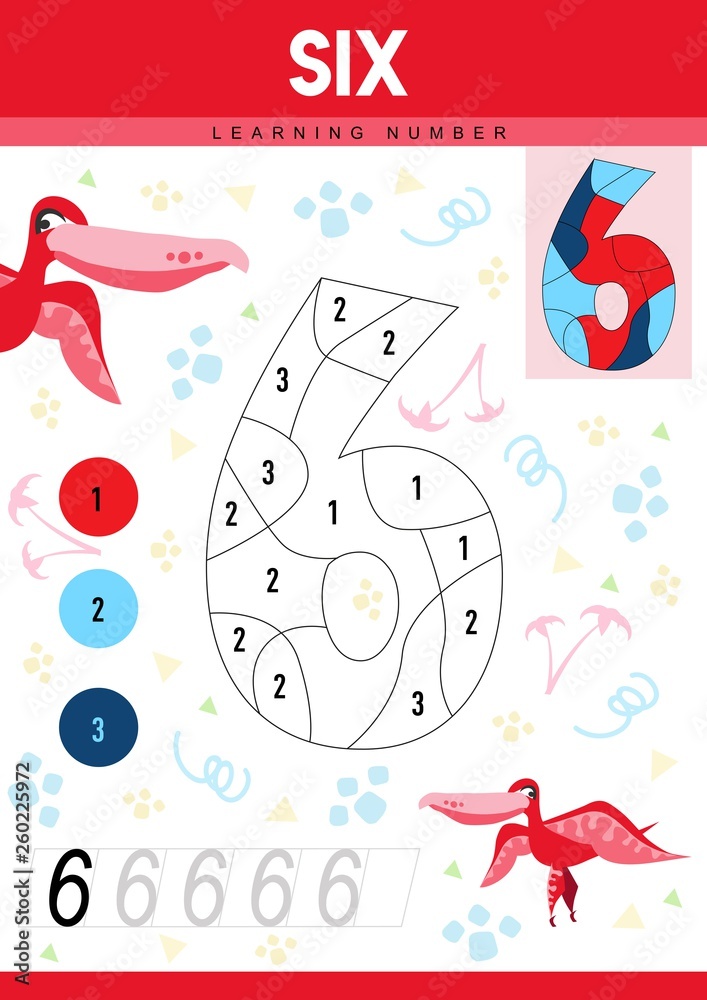 Learn numbers 6 with dino. Six. Kids learn to count worksheet. Children educational game for numbers. Vector illustration.