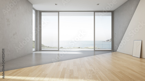 Sea view large living room of luxury summer beach house with big glass door and empty concrete floor in renovation concept. Vacation home or holiday villa interior 3d illustration.