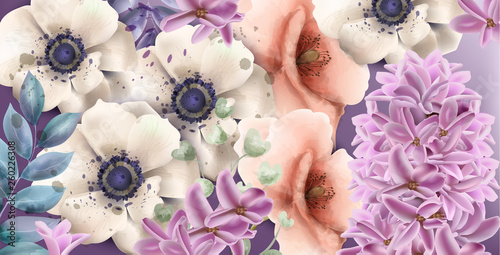 Spring flowers watercolor Vector. Vintage composition bouquet. Gerbera, lilac...