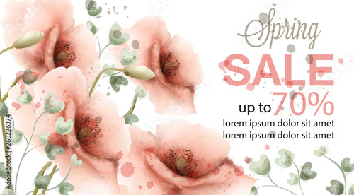 Pink poppy spring card Vector watercolor. Sale banner. Advertise poster. Invi...